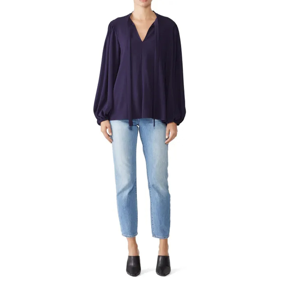 Elizabeth & James Savannah Navy Tie Neck Crepe Blouse Size XS